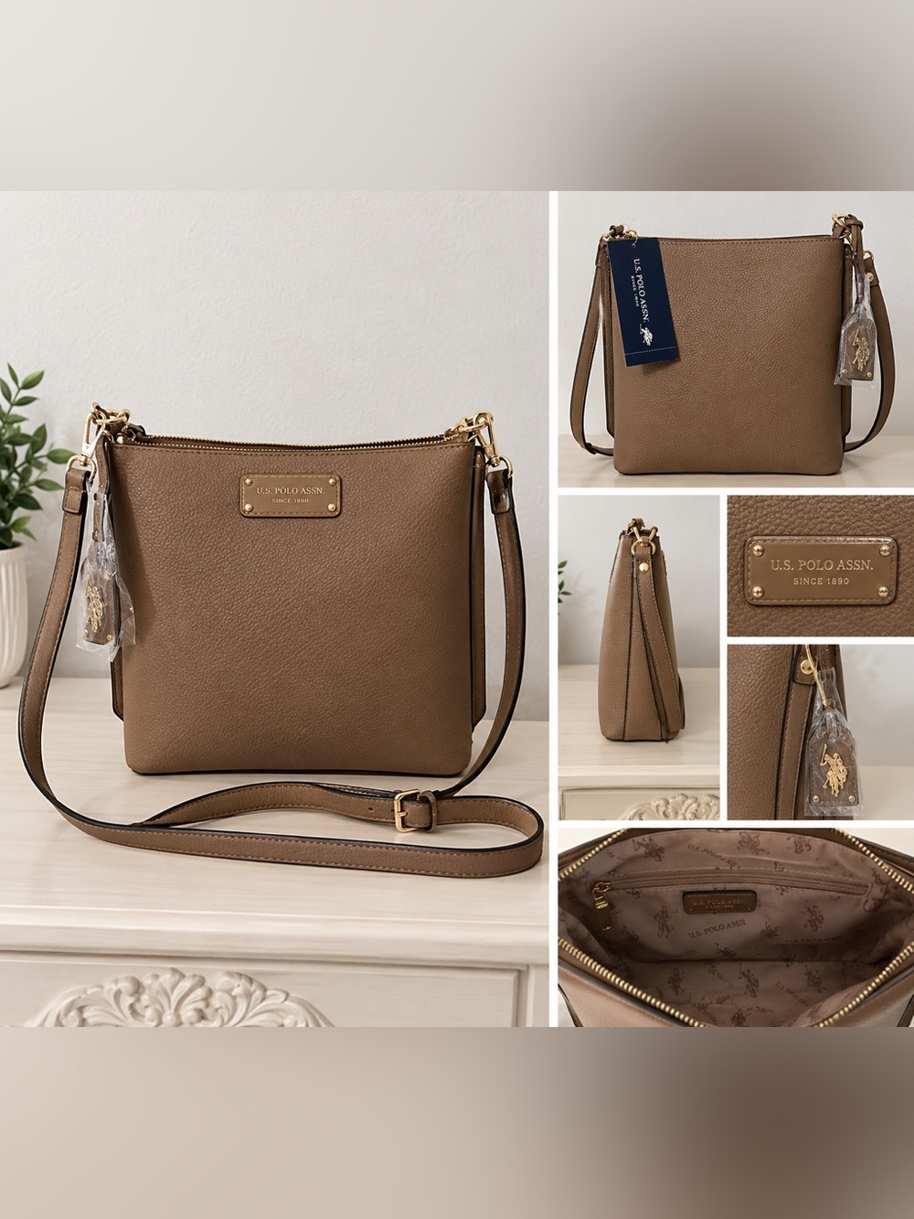 U.S. Polo Assn. Taupe Pebbled Leather Crossbody Bag with Gold Hardware